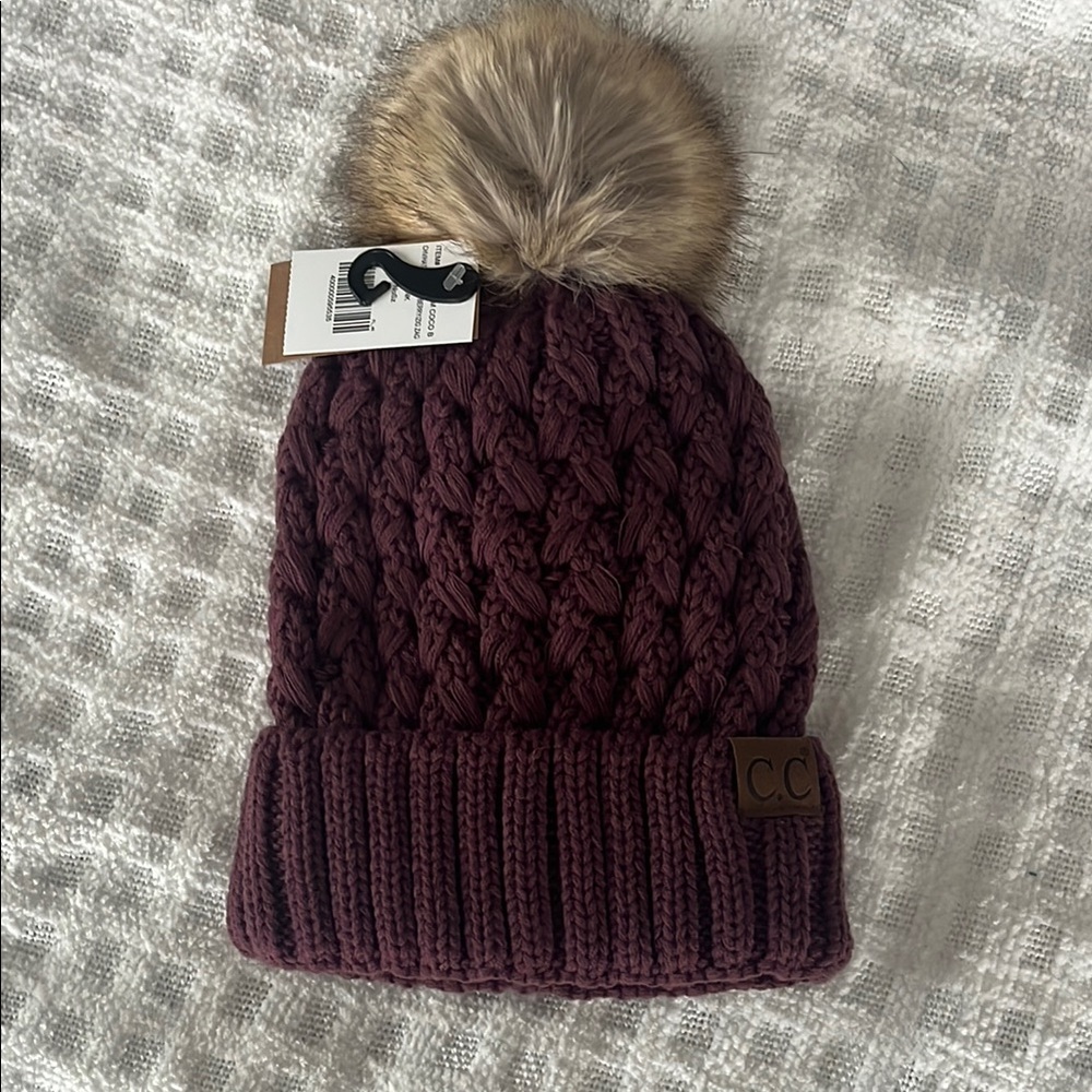 CC Burgundy Knit Beanie with Faux Fur Pom